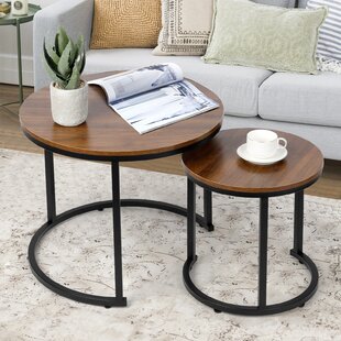 Brown Modern Nesting Coffee Table Set Of 2 For Living Room Balcony Office%2C Round Wood Accent Side Coffee Tables With Sturdy Metal Frame%2C Easy Assembly(walnut) 